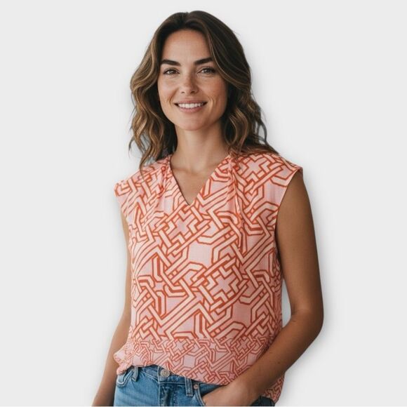 The Limited Cap Sleeve V-neck Blouse In Geometric Orange Print Women's Size XS - Picture 1 of 11